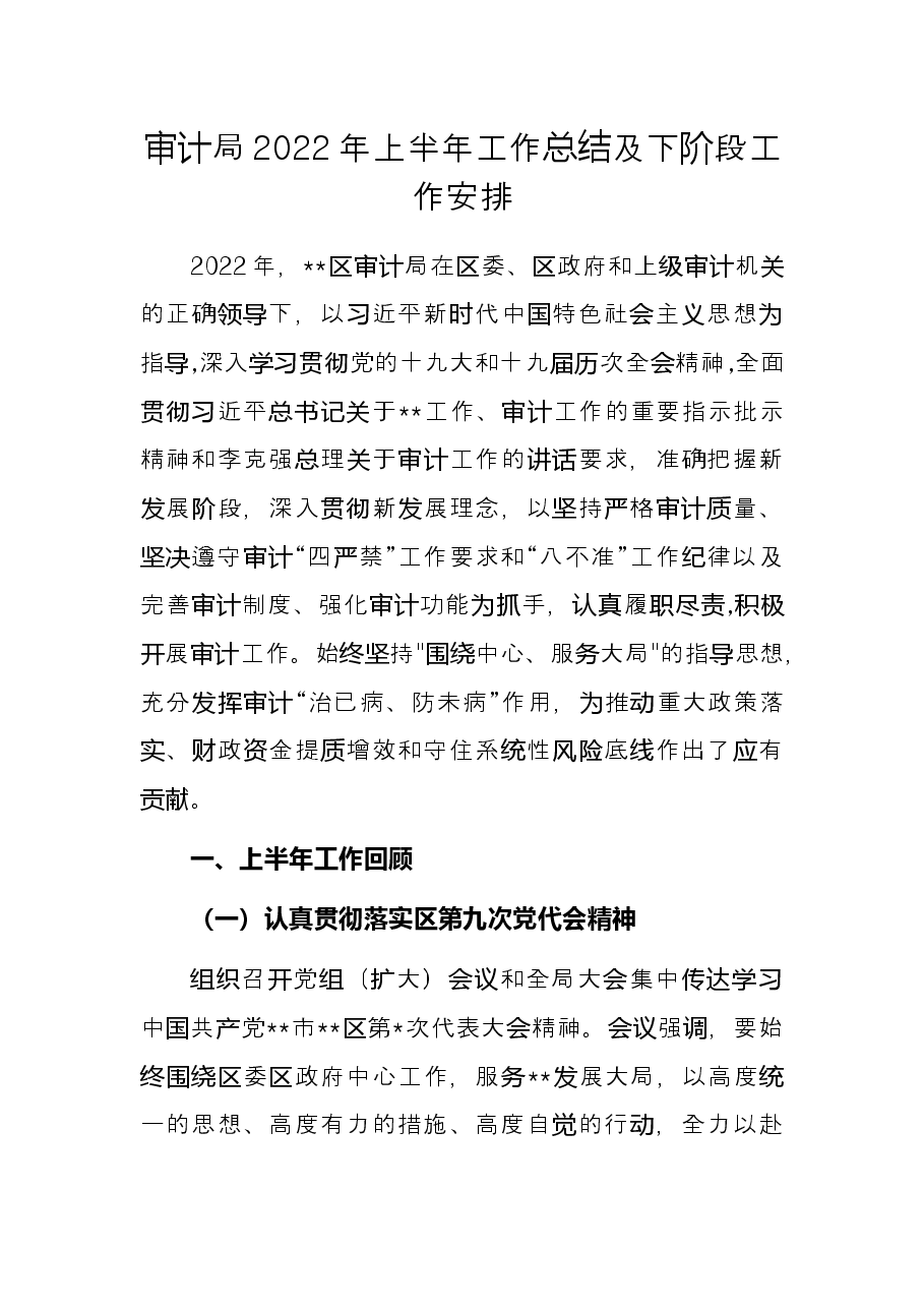 审计局2022年上半年工作总结及下阶段工作安排.docx,第1页预览
