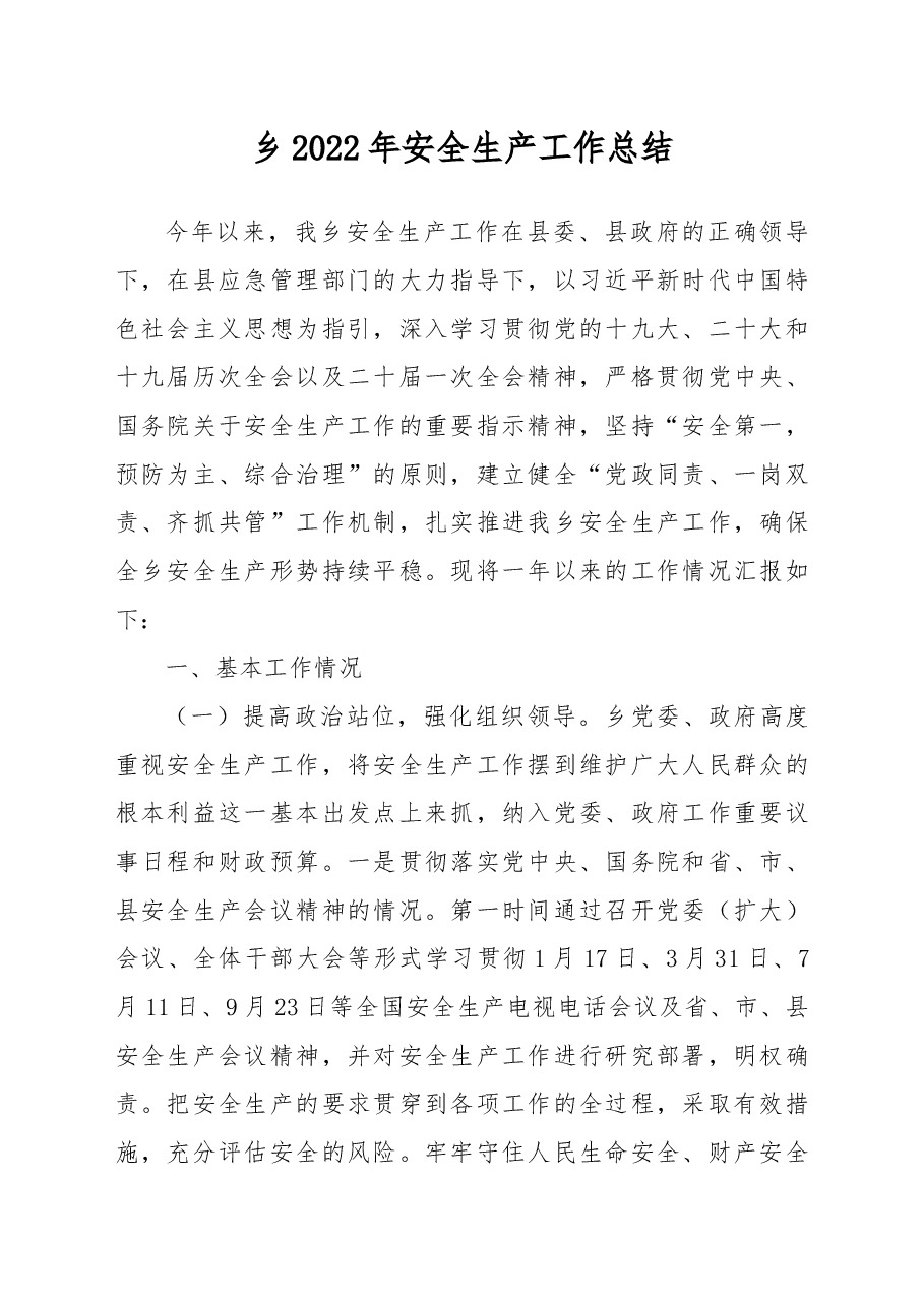 乡2022年安全生产工作总结.docx,第1页预览