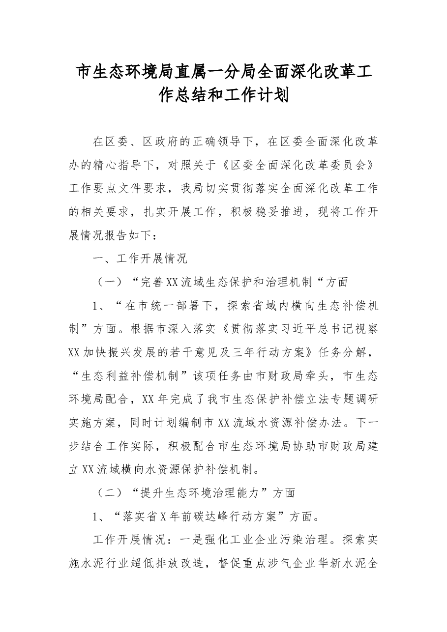 市生态环境局直属一分局全面深化改革工作总结和工作计划.docx,第1页预览