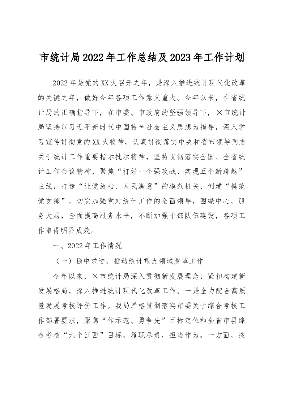 市统计局2022年工作总结及2023年工作计划.docx,第1页预览