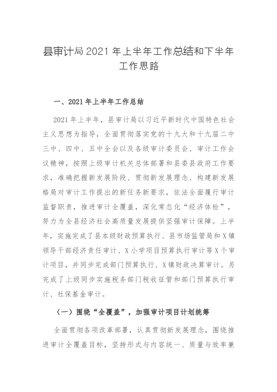 县审计局2021年上半年工作总结和下半年工作思路.docx,第1页预览
