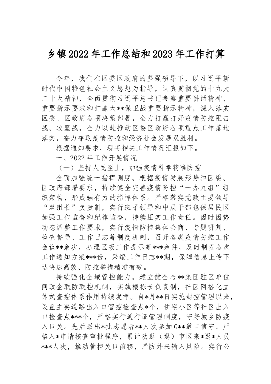 乡镇2022年工作总结和2023年工作打算.docx,第1页预览