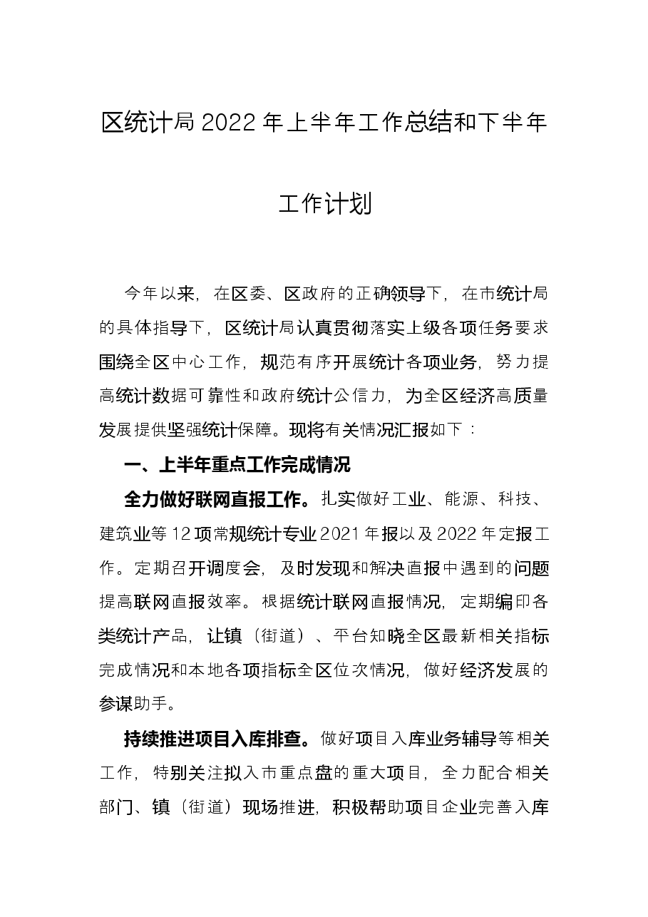 区统计局2022年上半年工作总结和下半年工作计划.docx,第1页预览