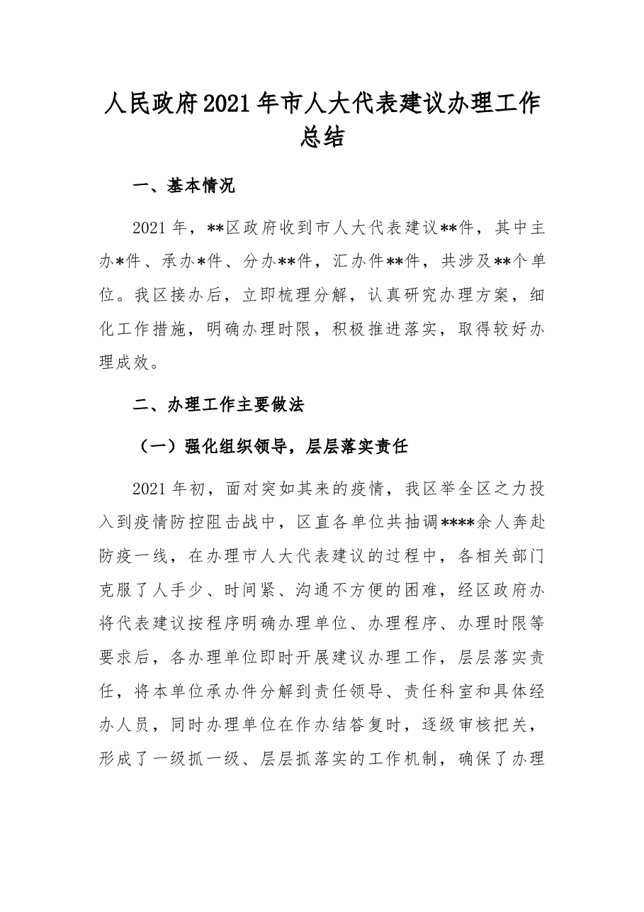 人民政府2021年市人大代表建议办理工作总结.docx,第1页预览