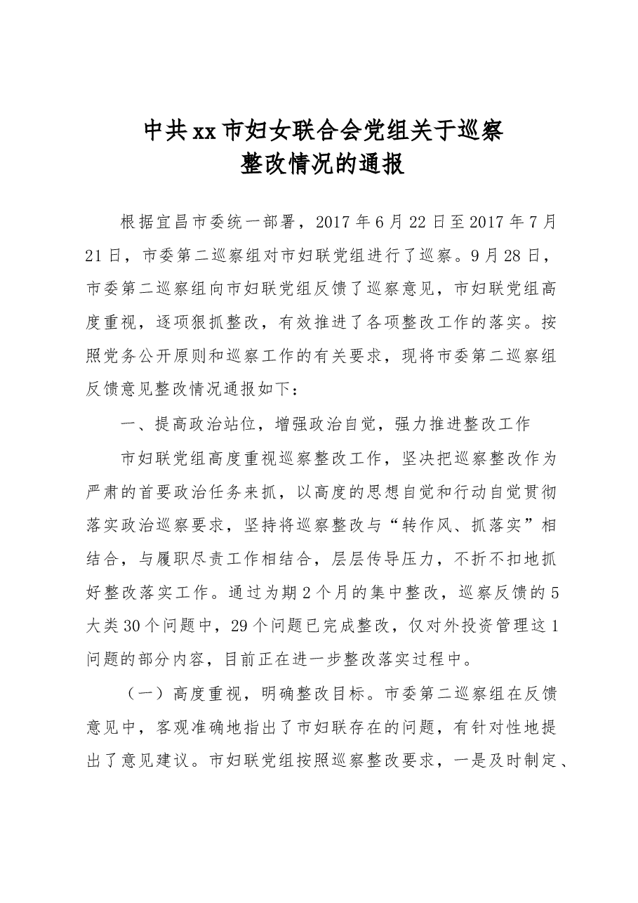 中共xx市妇女联合会党组关于巡察整改情况的通报.docx,第1页预览
