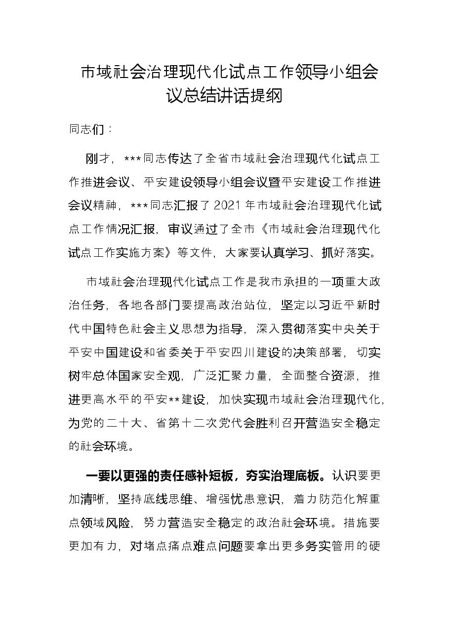市域社会治理现代化试点工作领导小组会议总结讲话提纲.docx,第1页预览