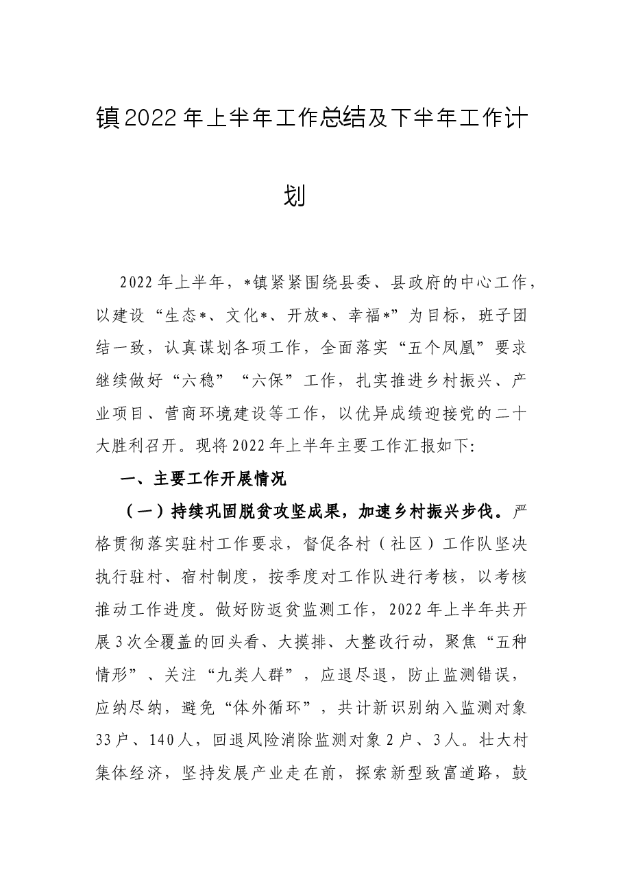 镇2022年上半年工作总结及下半年工作计划 .docx,第1页预览