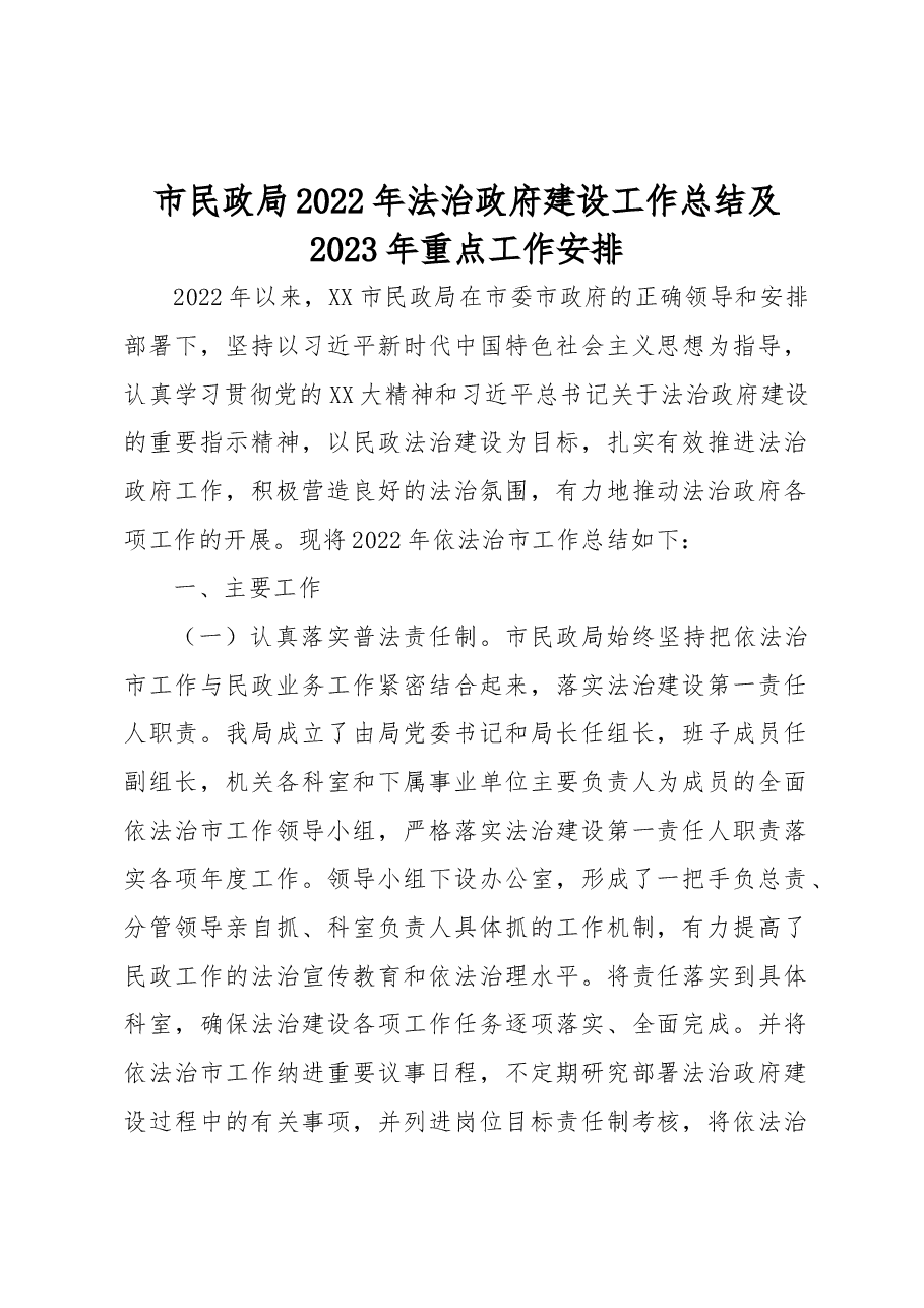市民政局2022年法治政府建设工作总结及2023年重点工作安排.docx,第1页预览