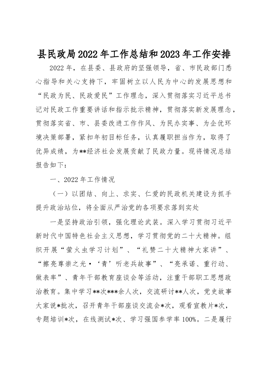 县民政局2022年工作总结和2023年工作安排.docx,第1页预览