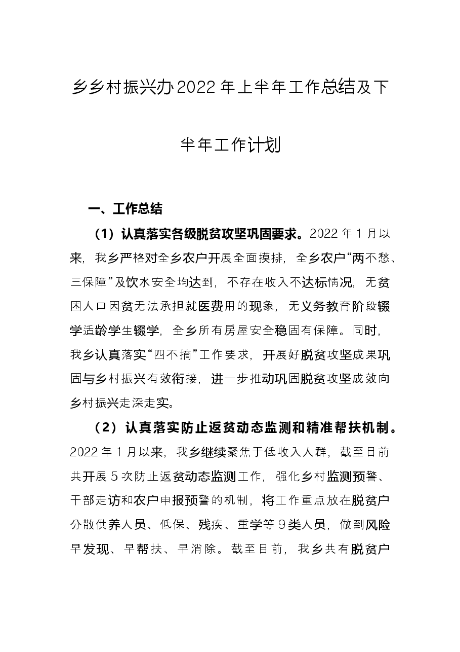 乡乡村振兴办2022年上半年工作总结及下半年工作计划.docx,第1页预览