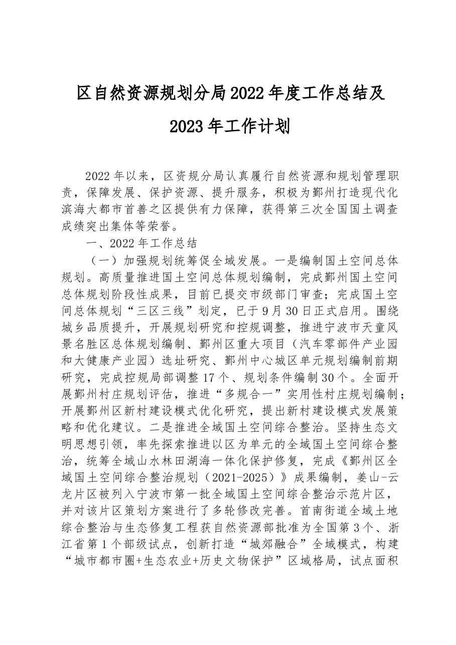 区自然资源规划分局2022年度工作总结及2023年工作计划.docx,第1页预览