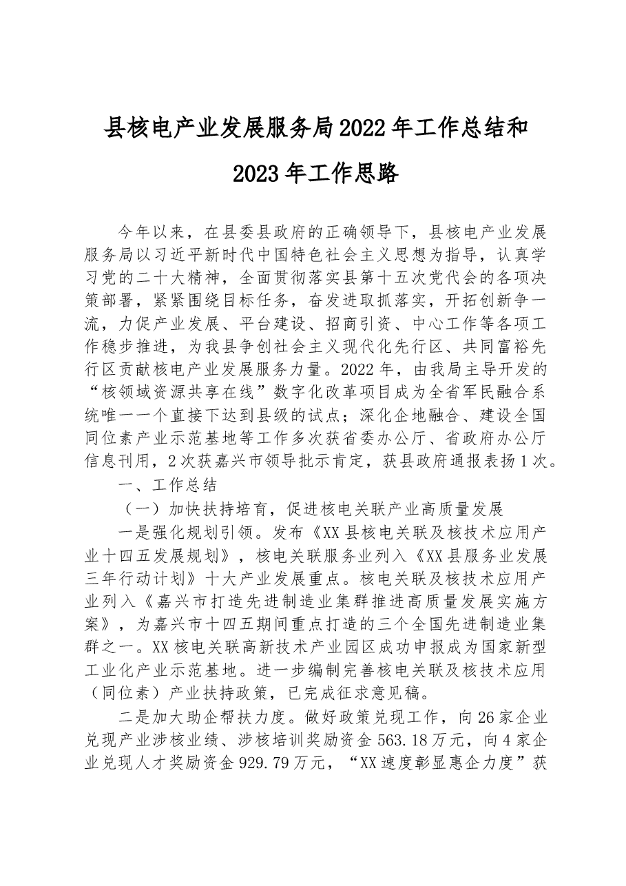 县核电产业发展服务局2022年工作总结和2023年工作思路.docx,第1页预览