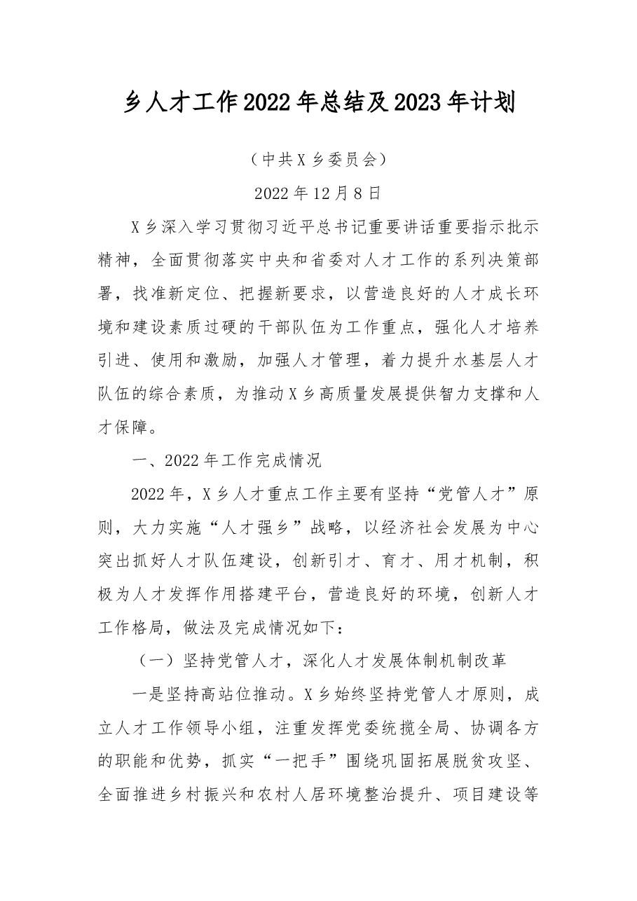 乡人才工作2022年总结及2023年计划.docx，第1页预览