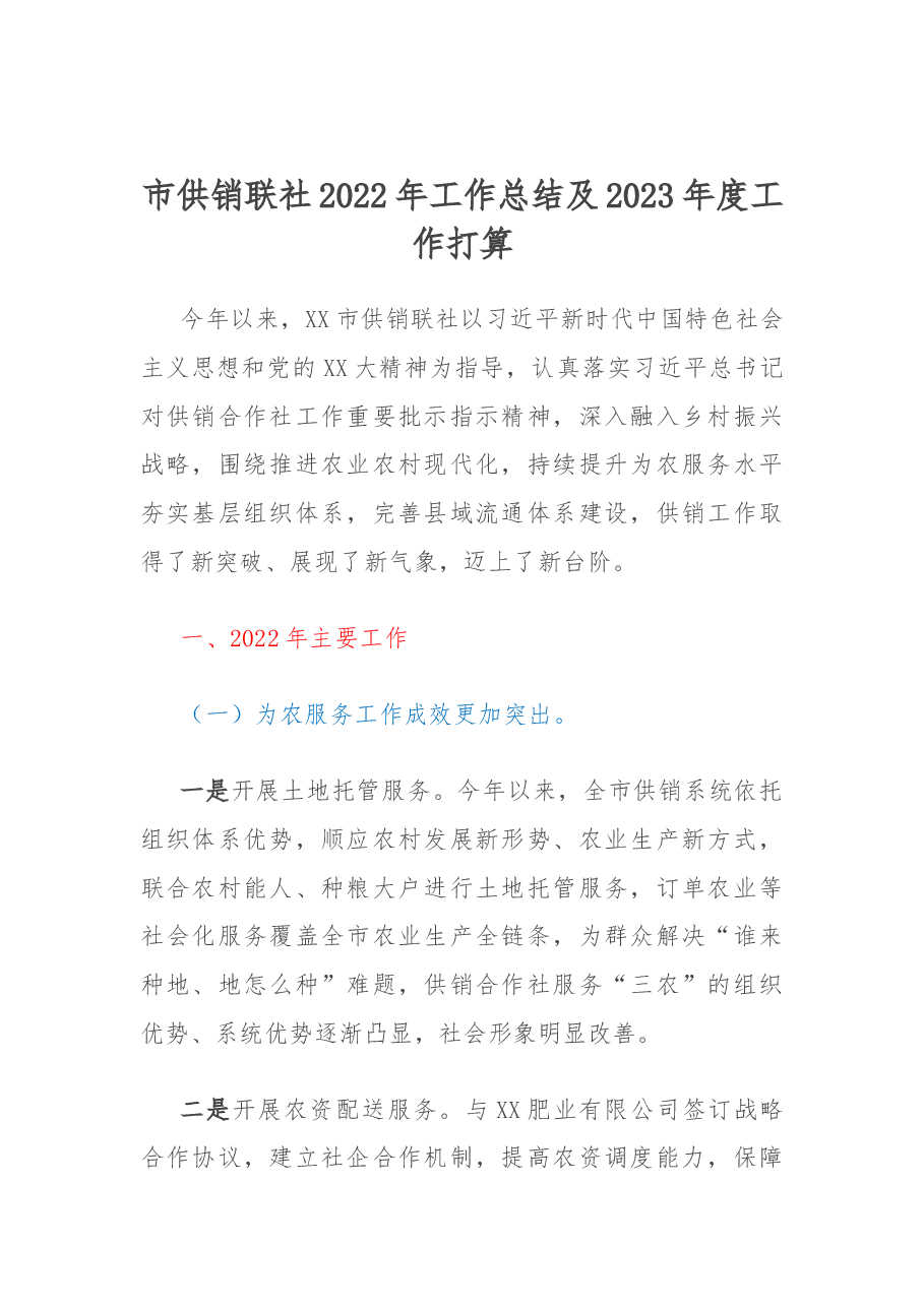 市供销联社2022年工作总结及2023年度工作打算.docx,第1页预览
