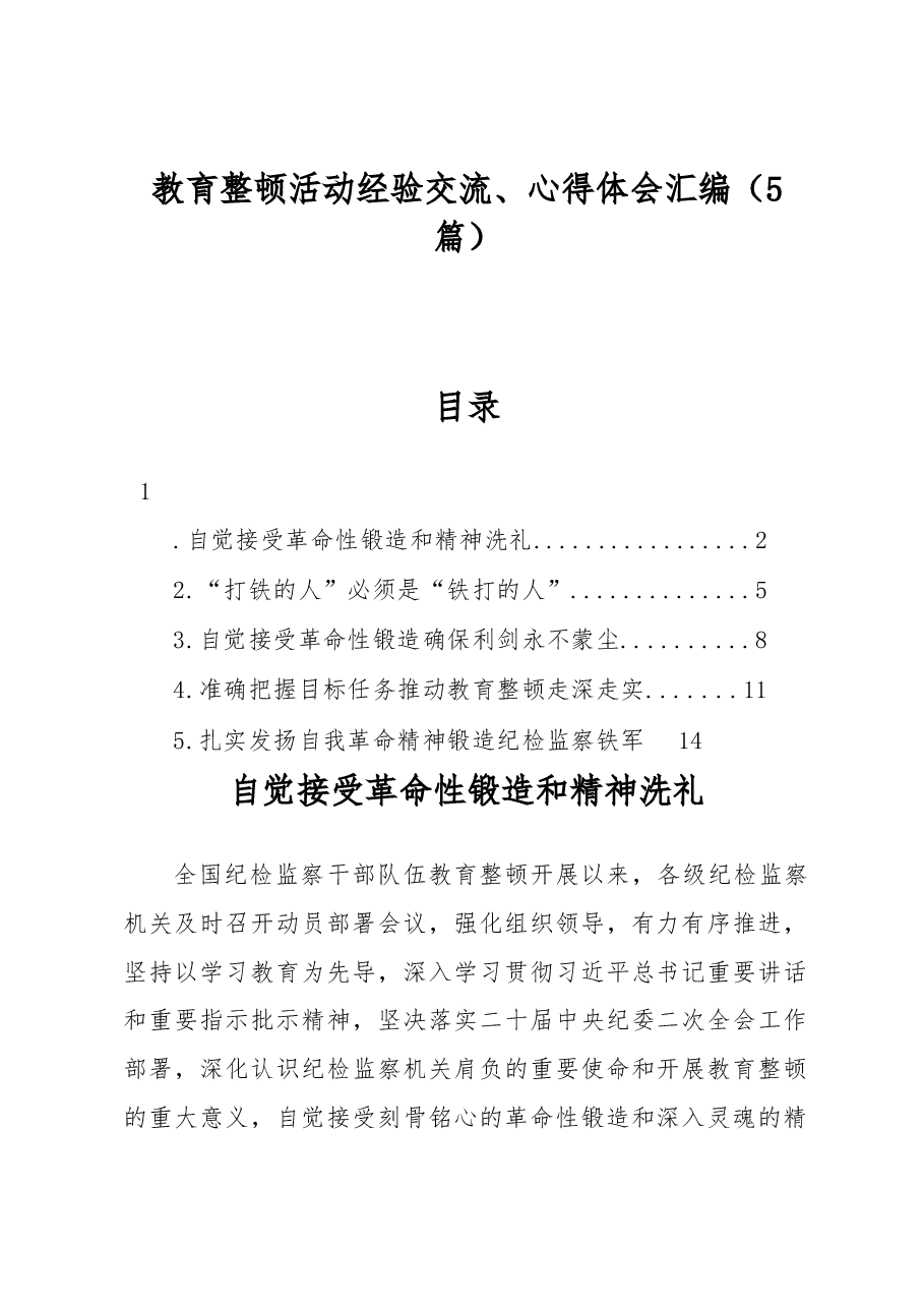 (5篇)教育整顿活动经验交流、心得体会汇编.docx,第1页预览