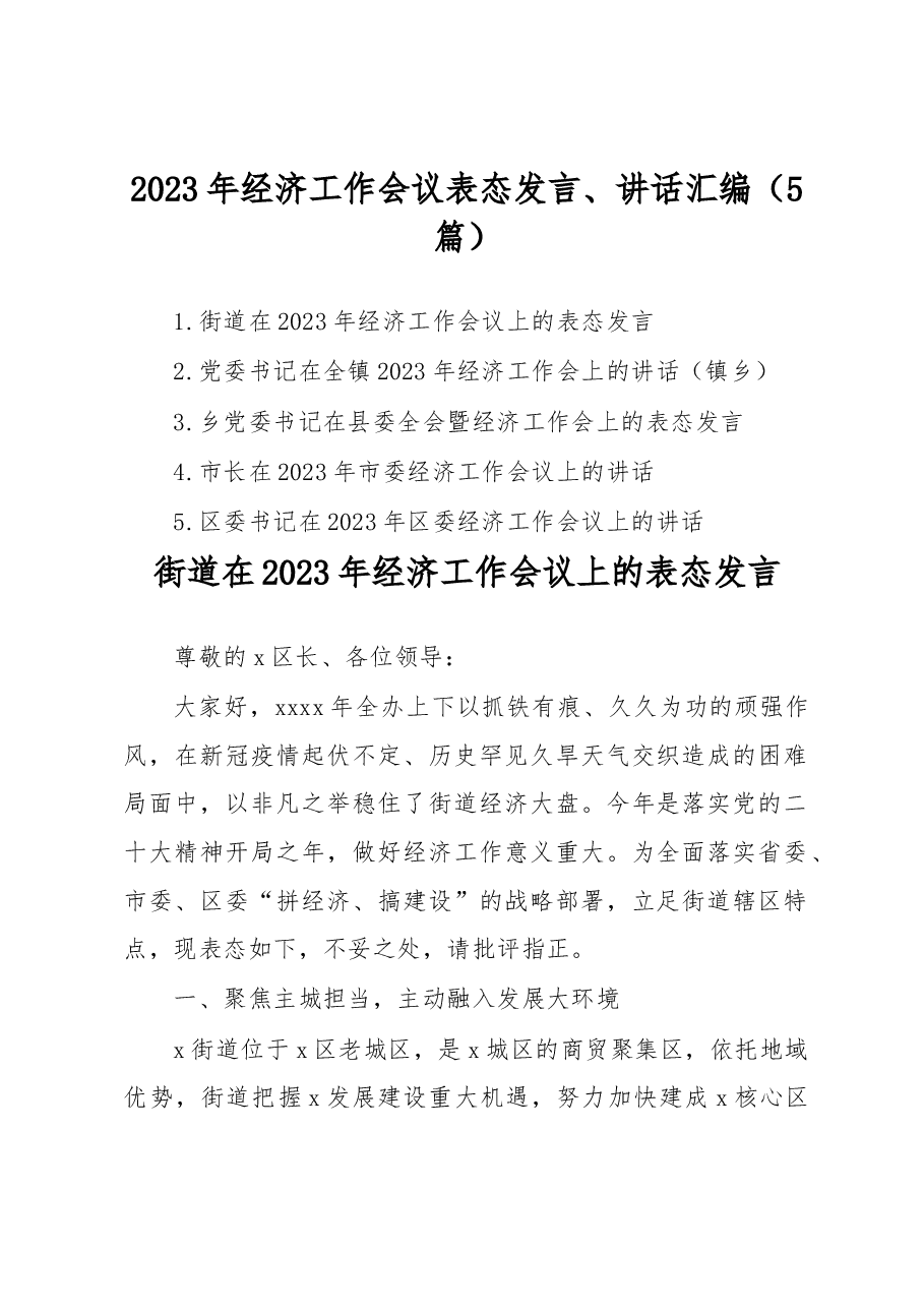 (5篇)2023年经济工作会议表态发言、讲话汇编.docx,第1页预览