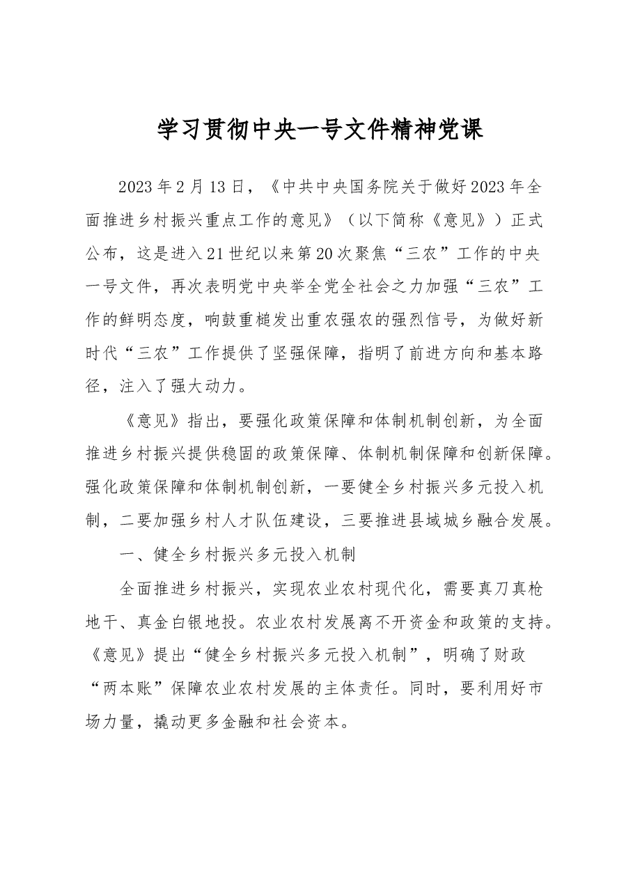 学习贯彻中央一号文件精神党课.docx,第1页预览