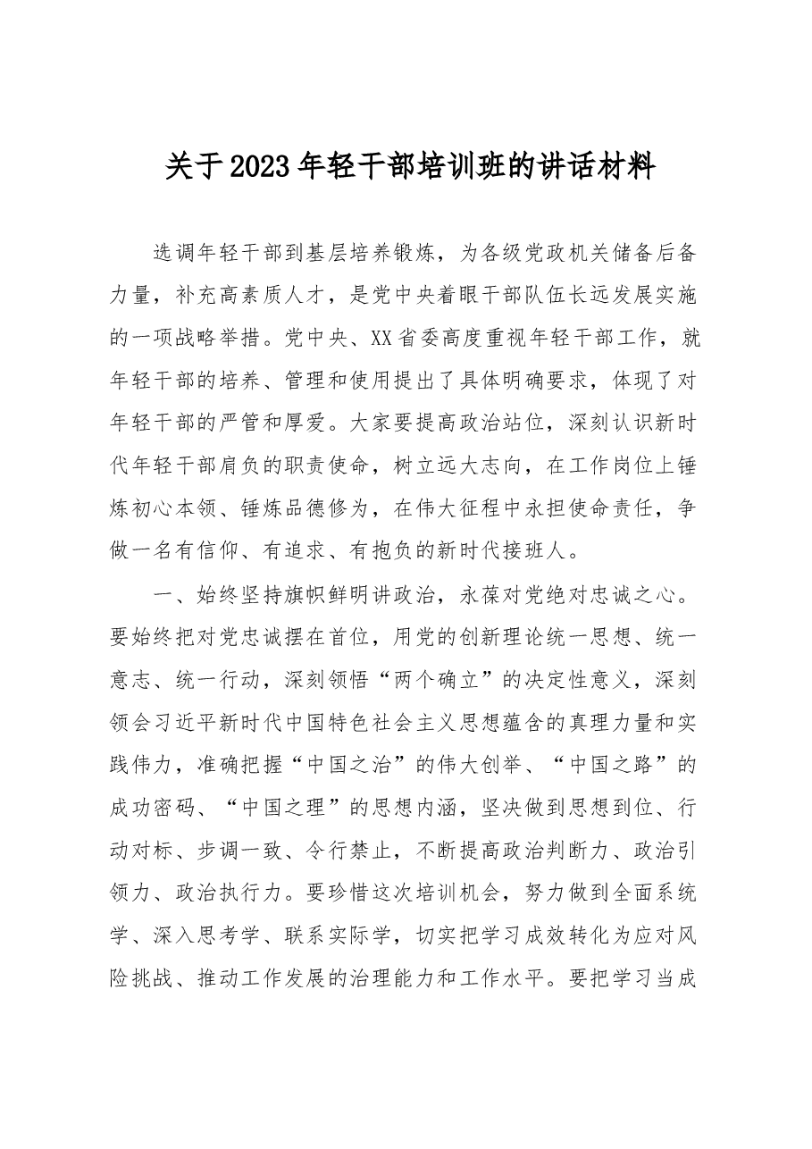 关于2023年轻干部培训班的讲话材料.docx,第1页预览