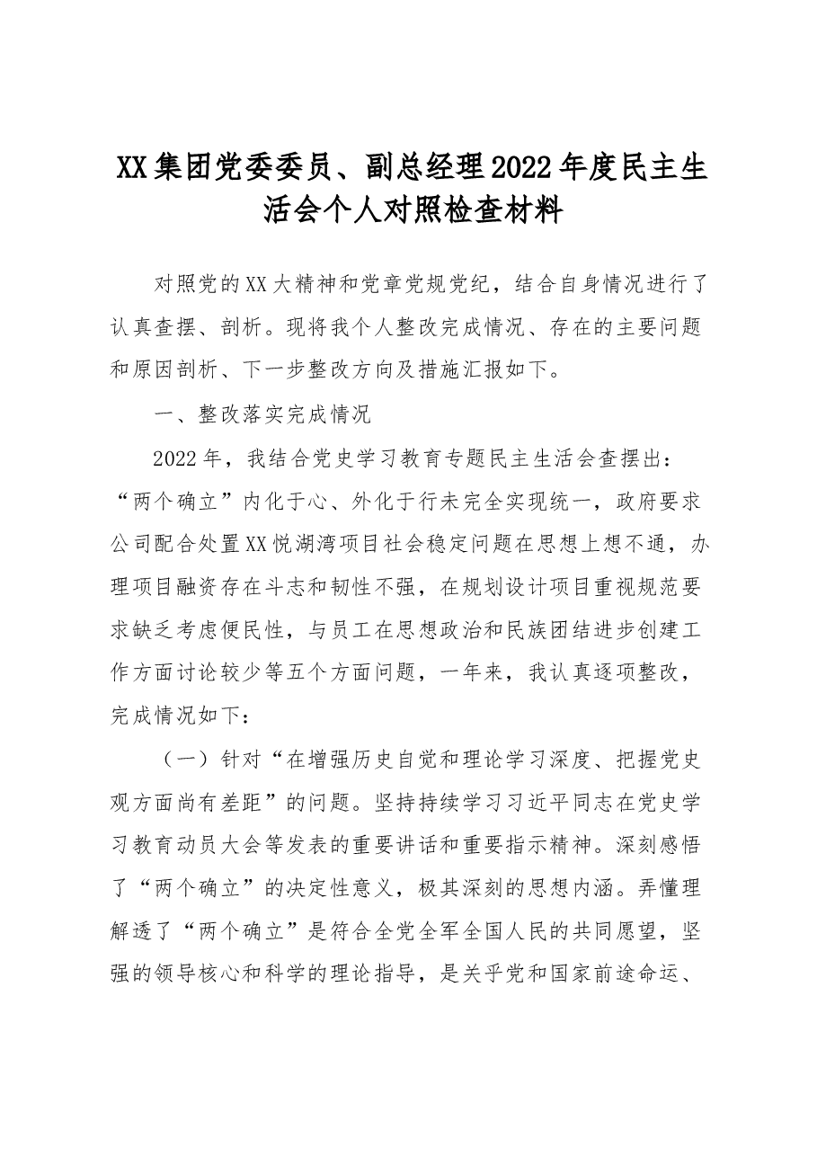XX集团党委委员、副总经理2022年度民主生活会个人对照检查材料.docx,第1页预览