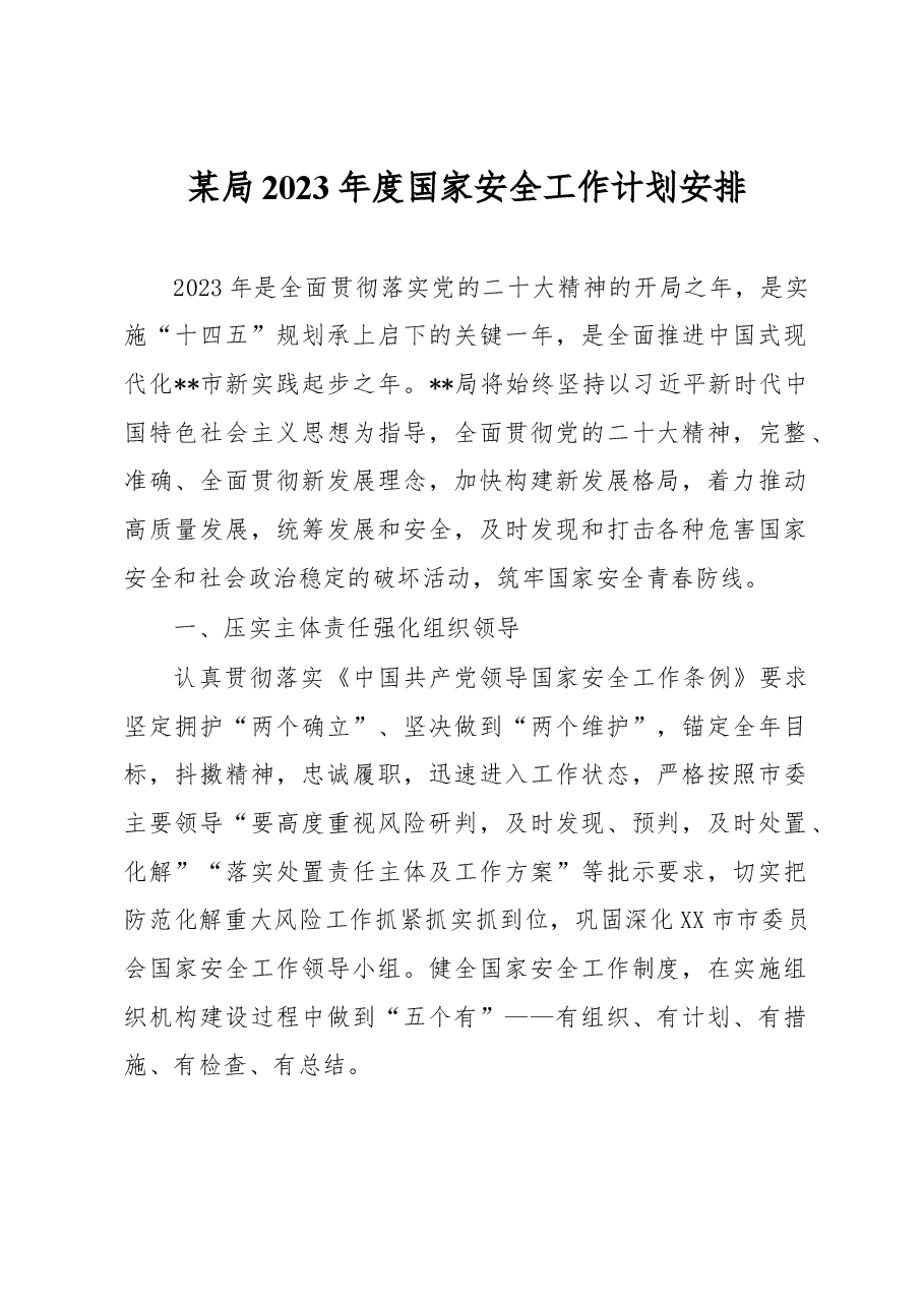 某局2023年度国家安全工作计划安排.docx,第1页预览