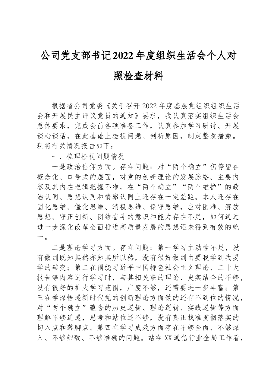 公司党支部书记2022年度组织生活会个人对照检查材料.docx,第1页预览