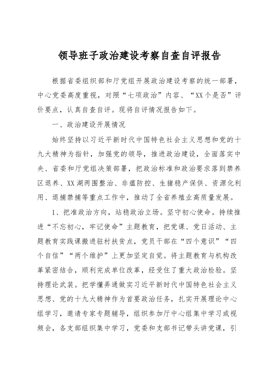 20200904领导班子政治建设考察自查自评报告.doc,第1页预览