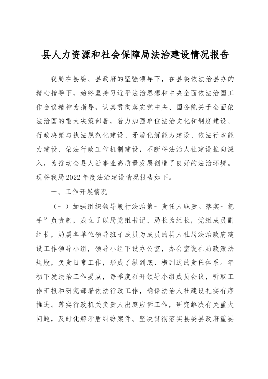 县人力资源和社会保障局法治建设情况报告.docx,第1页预览