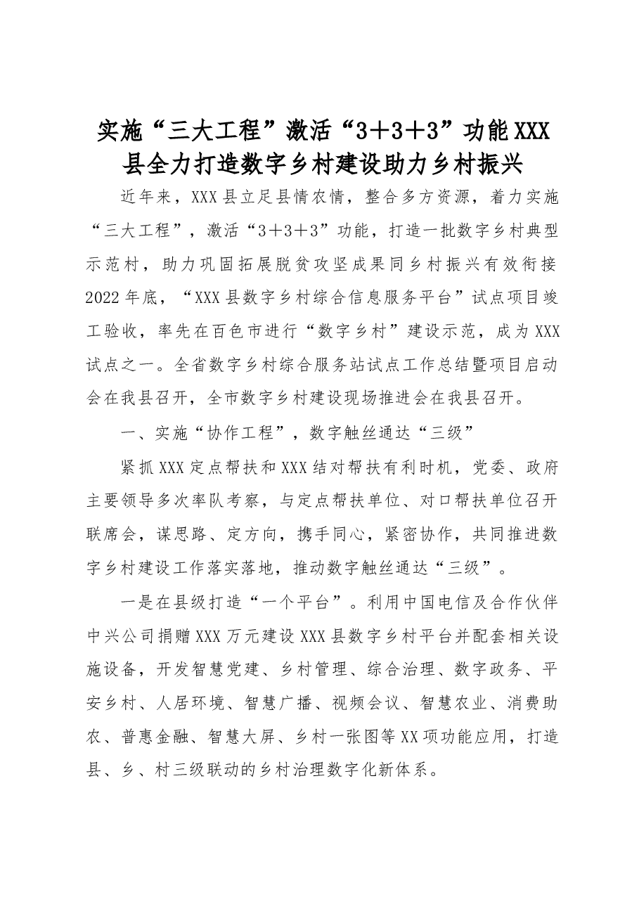 实施“三大工程” 激活“3+3+3”功能 XXX县全力打造数字乡村建设助力乡村振兴.docx,第1页预览