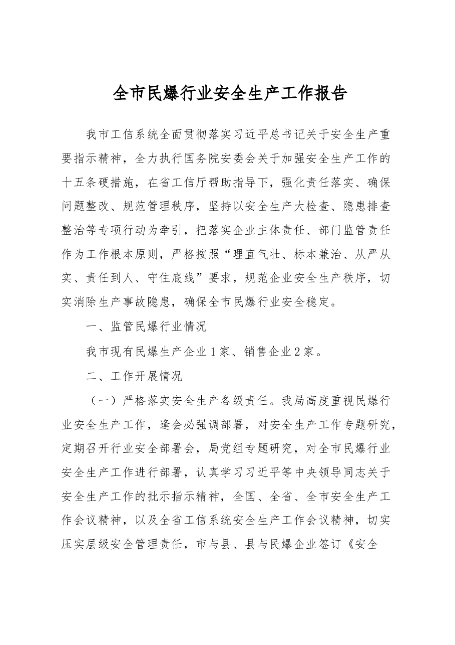 全市民爆行业安全生产工作报告.docx,第1页预览