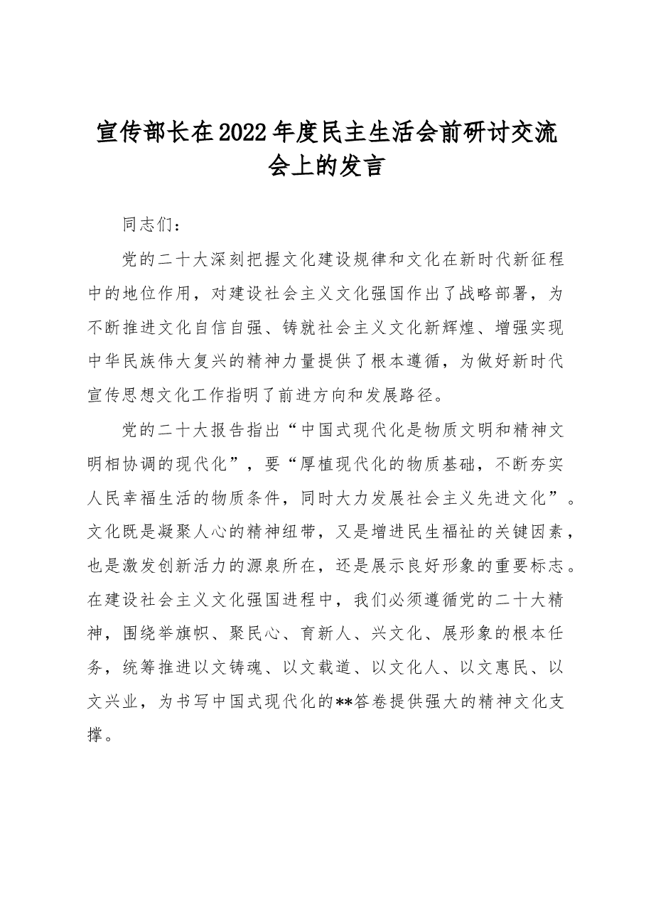 宣传部长在2022年度民主生活会前研讨交流会上的发言.docx,第1页预览