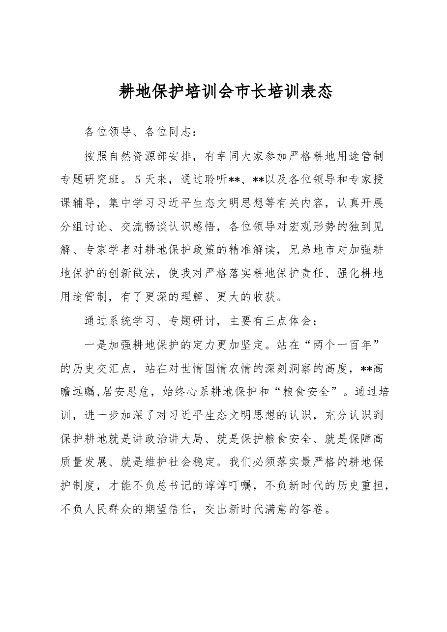 耕地保护培训会市长培训表态.docx,第1页预览