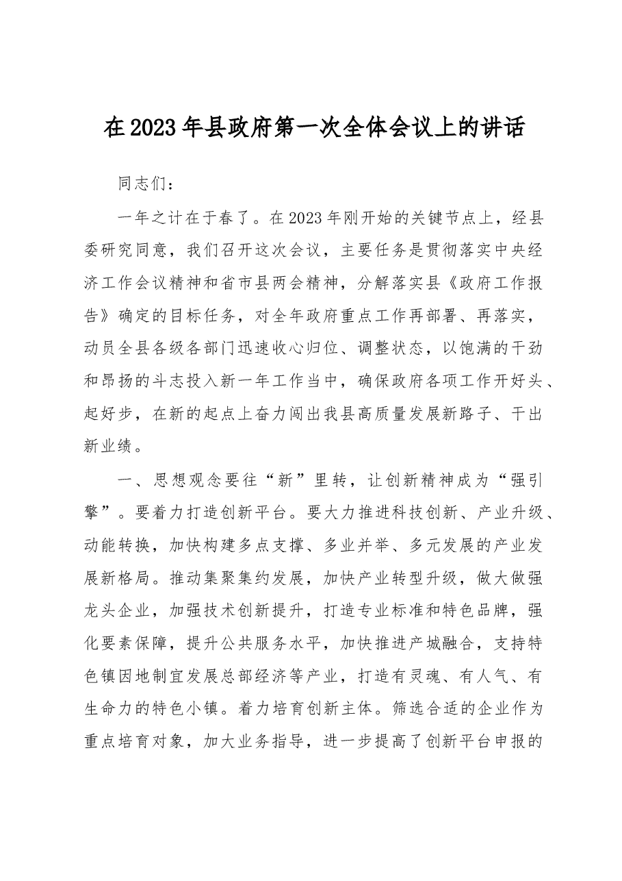 在2023年县政府第一次全体会议上的讲话.docx,第1页预览