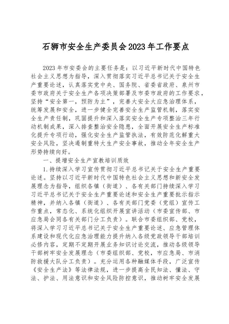 石狮市安全生产委员会2023年工作要点.docx，第1页预览