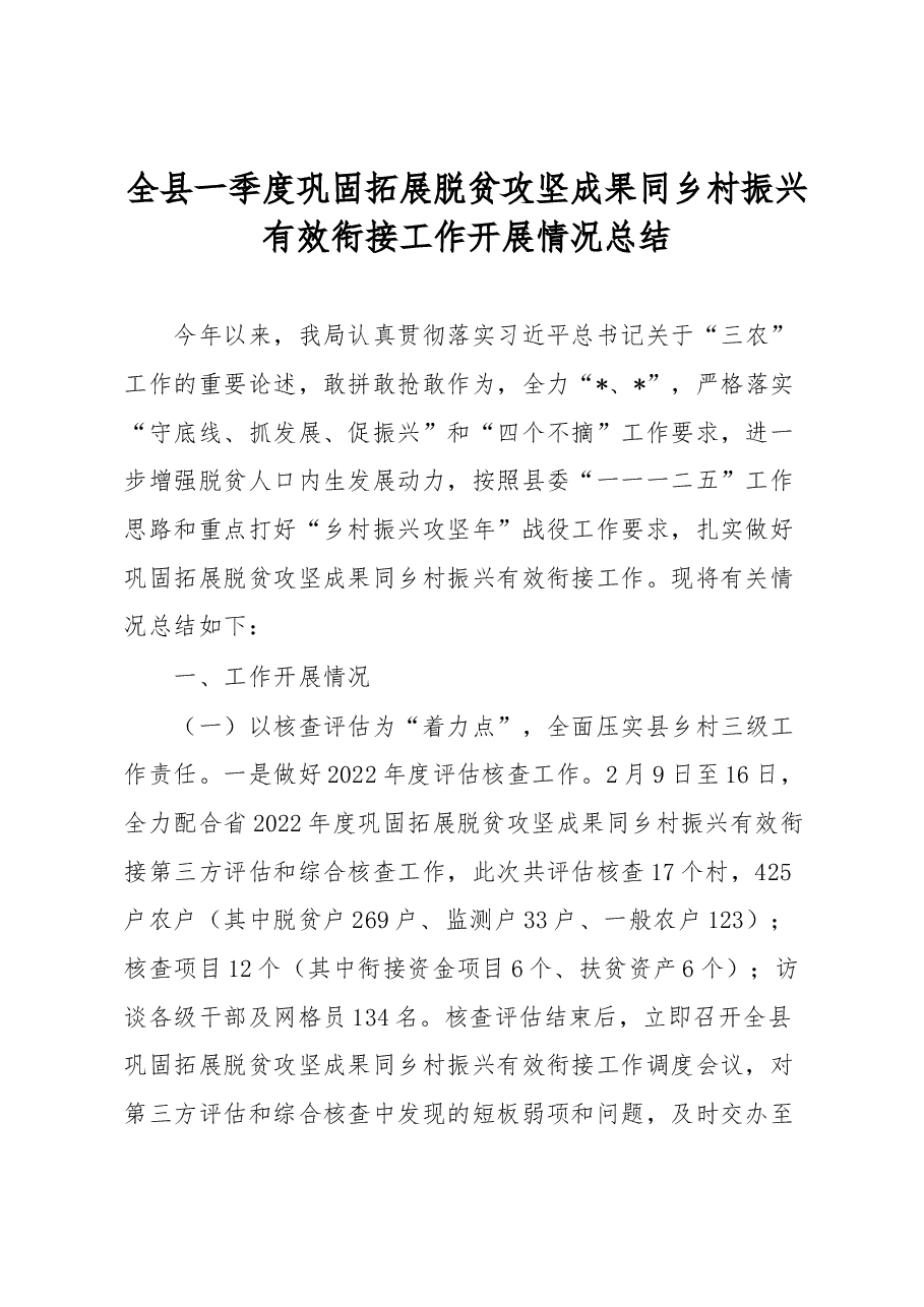 全县一季度巩固拓展脱贫攻坚成果同乡村振兴有效衔接工作开展情况总结.docx,第1页预览