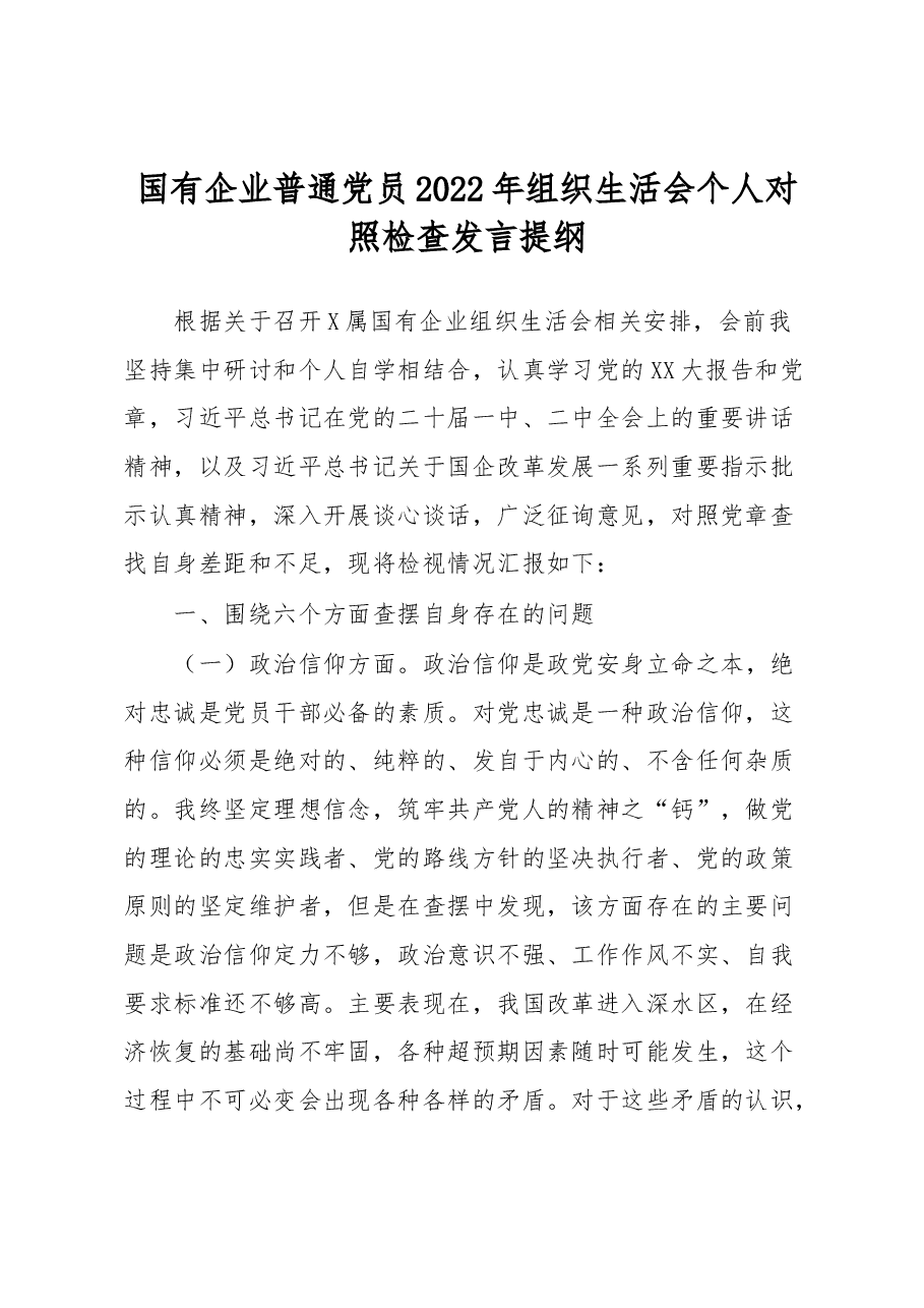国有企业普通党员2022年组织生活会个人对照检查发言提纲.docx，第1页预览
