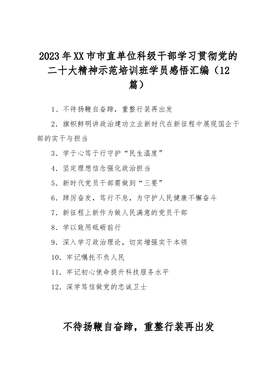 (12篇)2023年XX市市直单位科级干部学习贯彻党的二十大精神示范培训班学员感悟汇编.docx,第1页预览