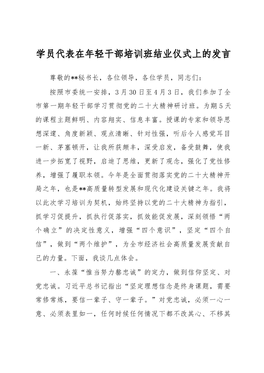 学员代表在年轻干部培训班结业仪式上的发言.docx,第1页预览