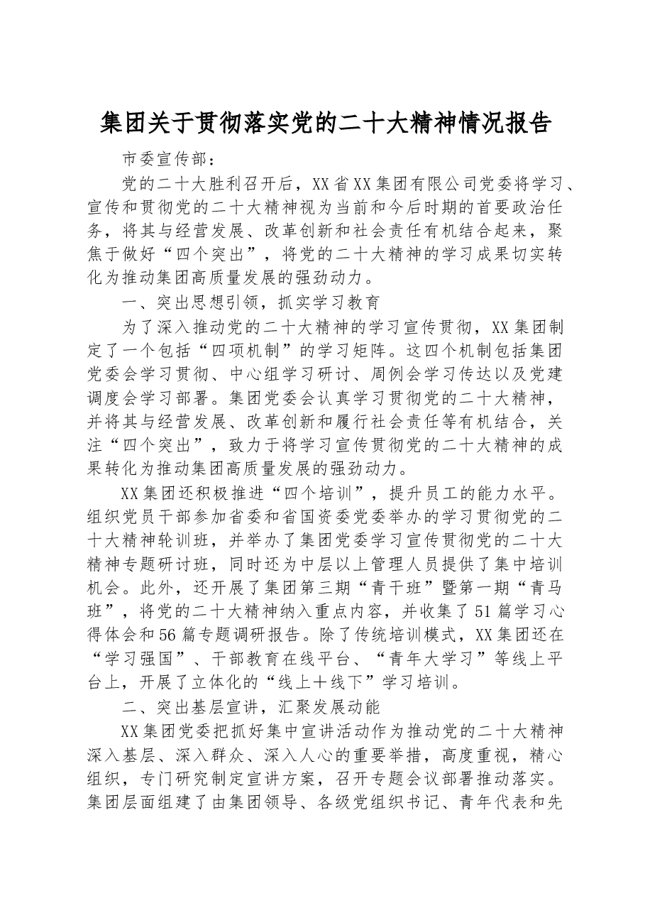 集团关于贯彻落实党的二十大精神情况报告.docx,第1页预览