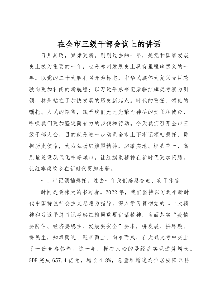 在2023年全市三级干部会议上的讲话.docx,第1页预览