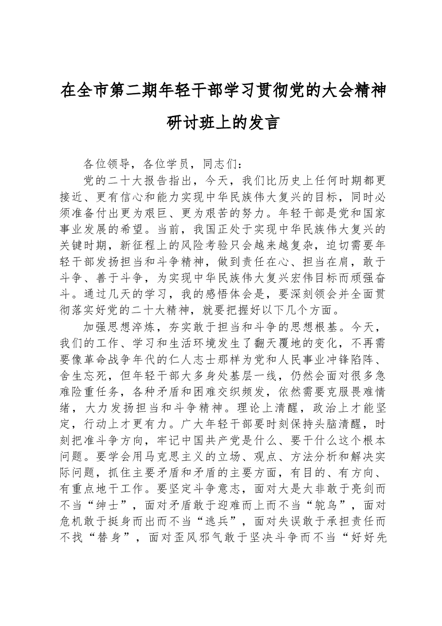 在全市第二期年轻干部学习贯彻党的二十大精神研讨班上的发言.docx,第1页预览
