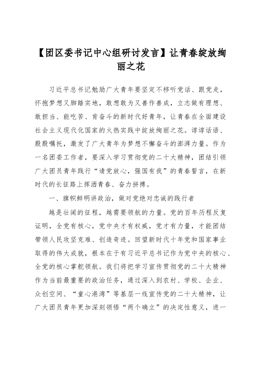 【团区委书记中心组研讨发言】让青春绽放绚丽之花.docx,第1页预览