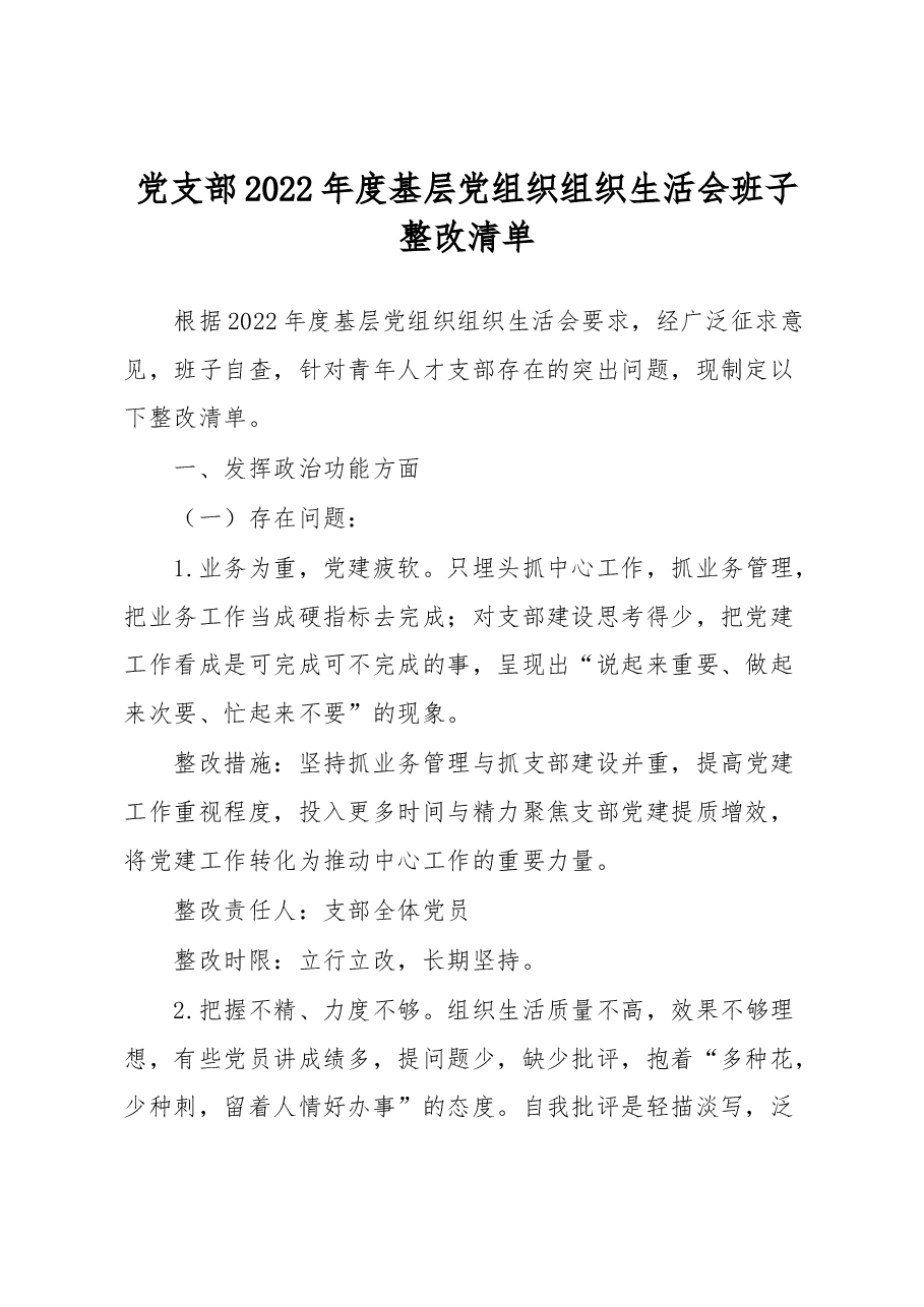 党支部2022年度基层党组织组织生活会班子整改清单.docx,第1页预览