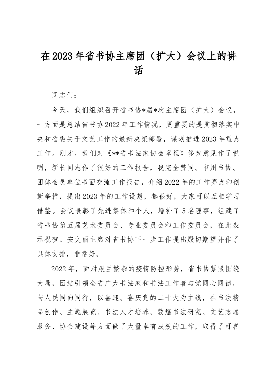 在2023年省书协主席团(扩大)会议上的讲话.docx,第1页预览