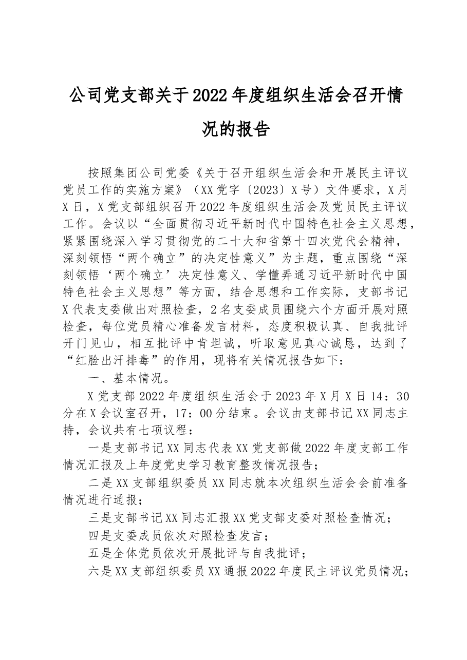 公司党支部关于2022年度组织生活会召开情况的报告.docx,第1页预览