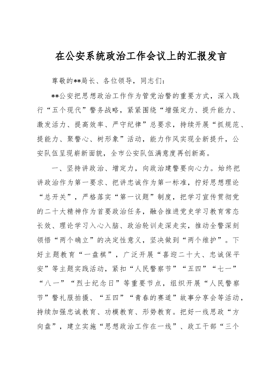 在公安系统政治工作会议上的汇报发言.docx,第1页预览