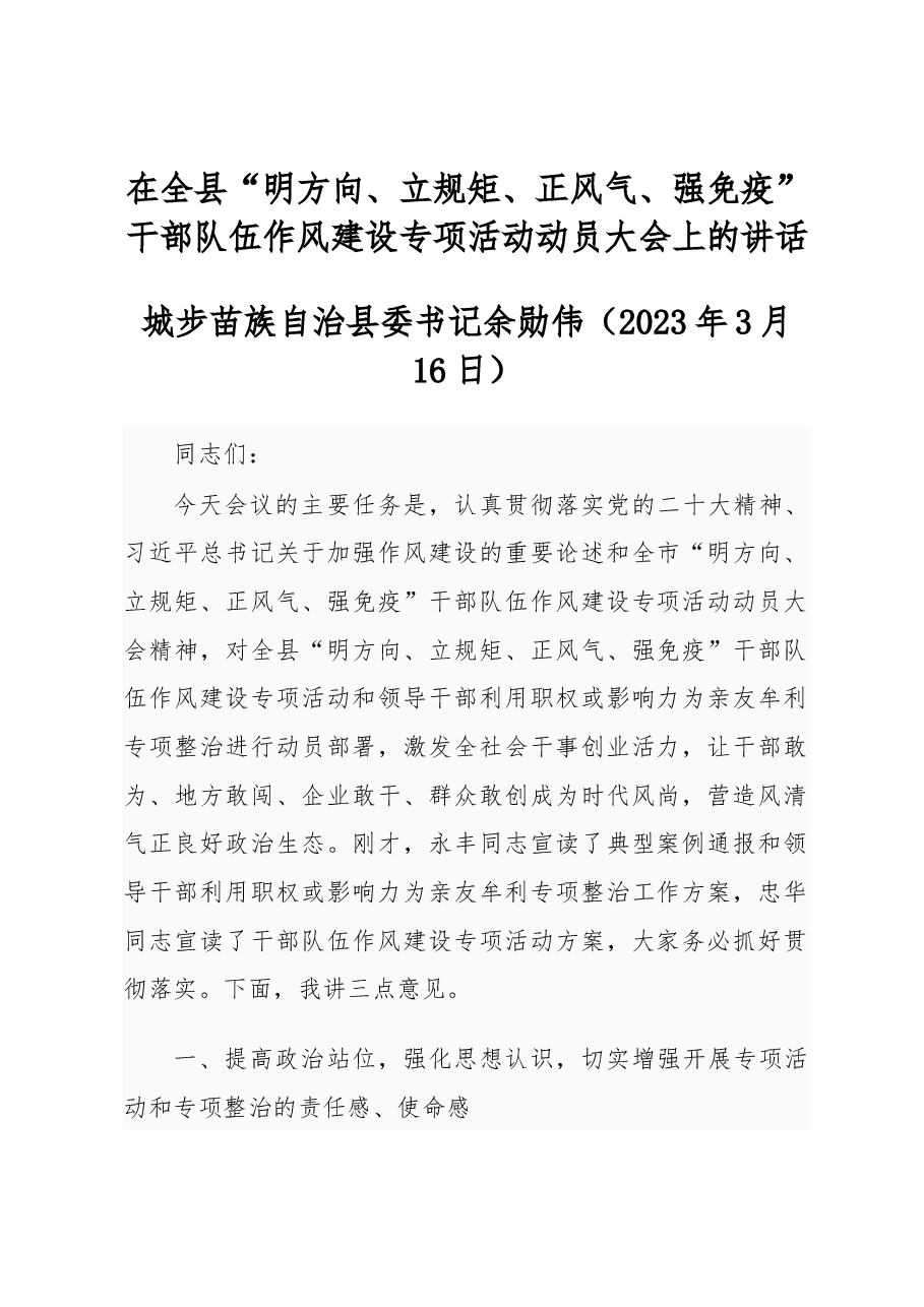 在“明方向、立规矩、正风气、强免疫”干部队伍作风建设专项活动动员大会上的讲话.docx,第1页预览