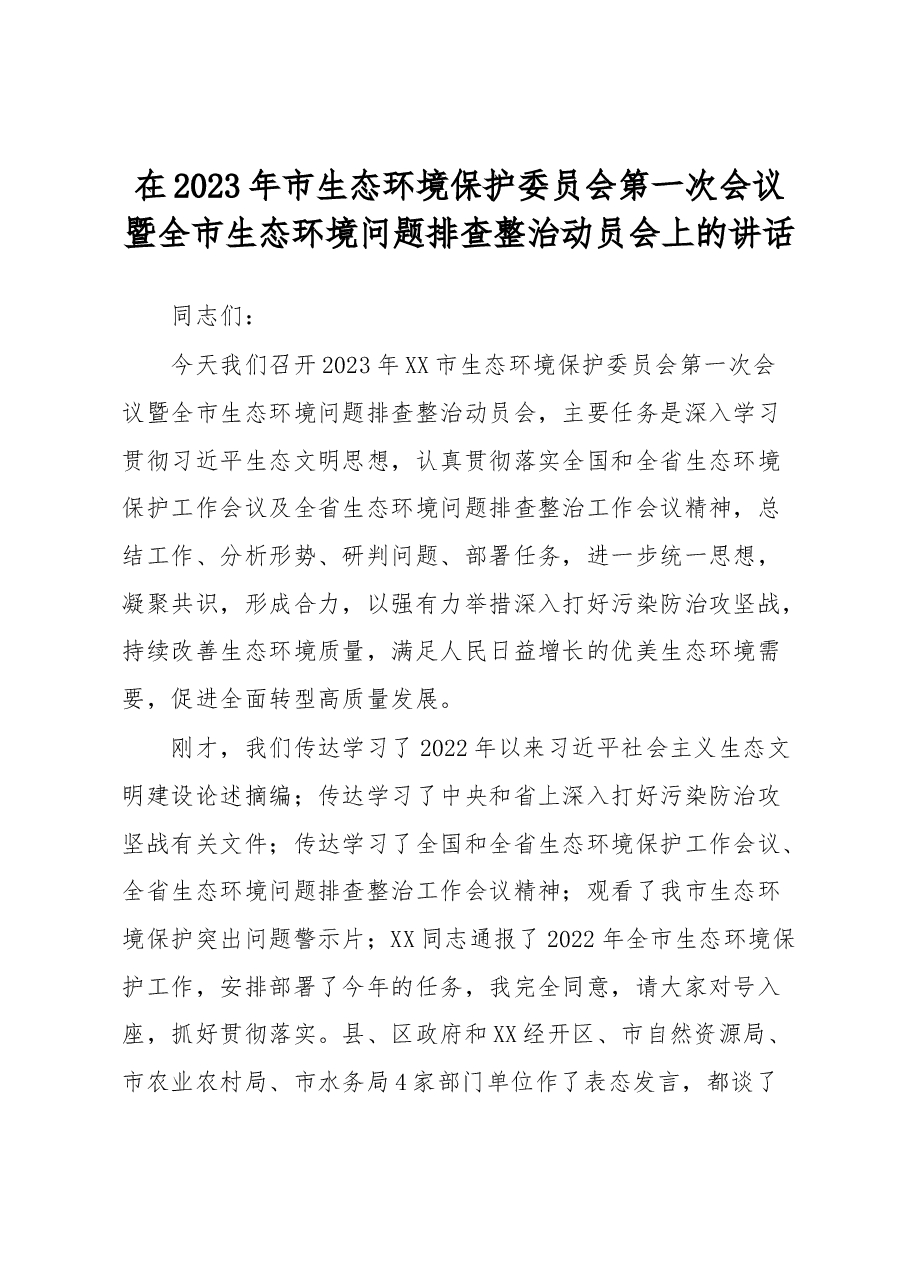 在2023年市生态环境保护委员会第一次会议暨全市生态环境问题排查整治动员会上的讲话.docx，第1页预览