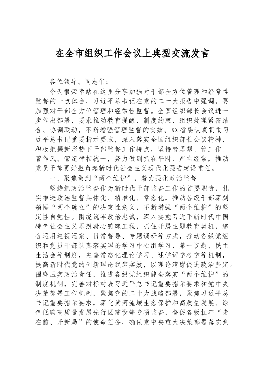 在全市组织工作会议上典型交流发言.docx,第1页预览