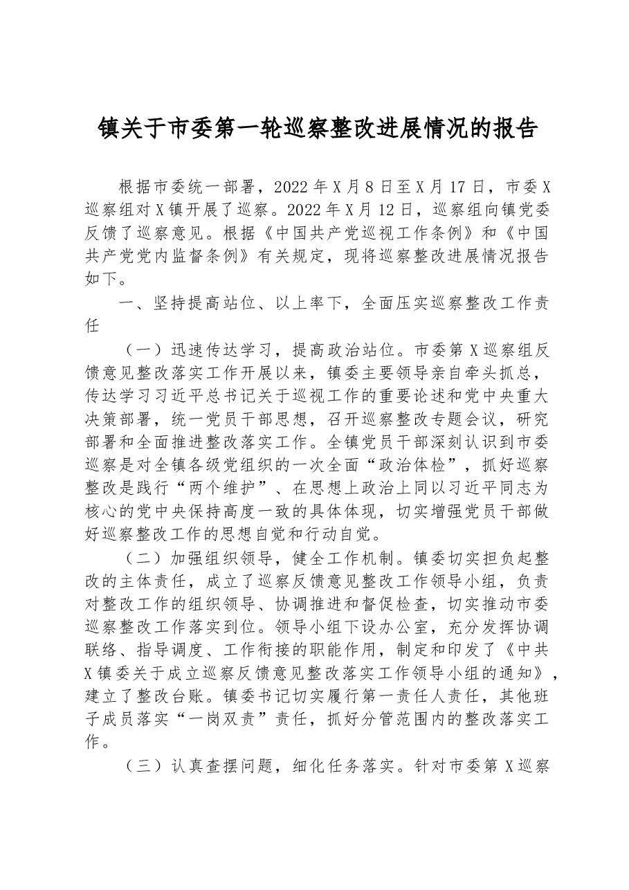 镇关于市委第一轮巡察整改进展情况的报告.docx,第1页预览