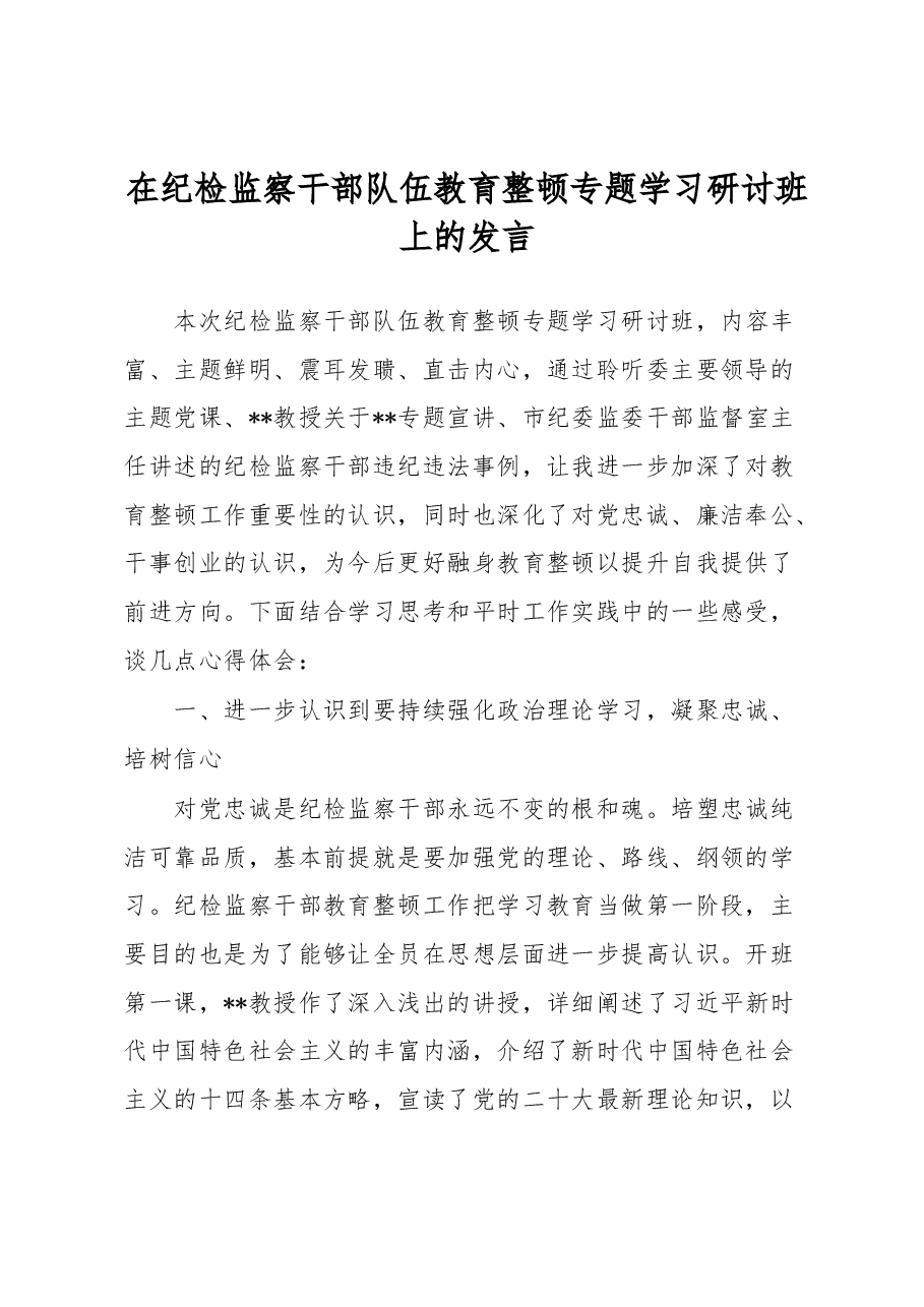 在纪检监察干部队伍教育整顿专题学习研讨班上的发言.docx,第1页预览